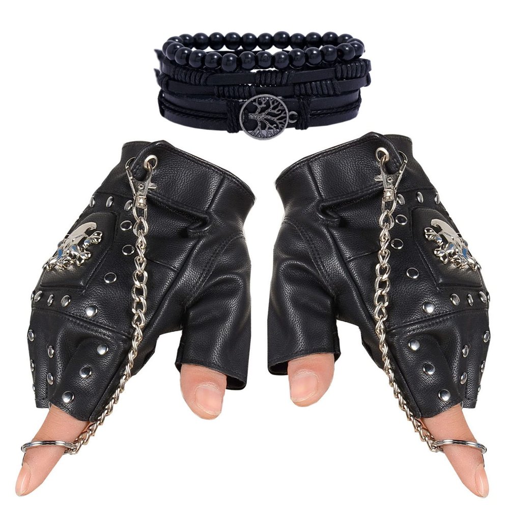Coolwife Steampunk Gothic Gloves Mens Vintage Geuuine Leather Captain Fingerless Mittens (Ring Black + Tree Bracelet)