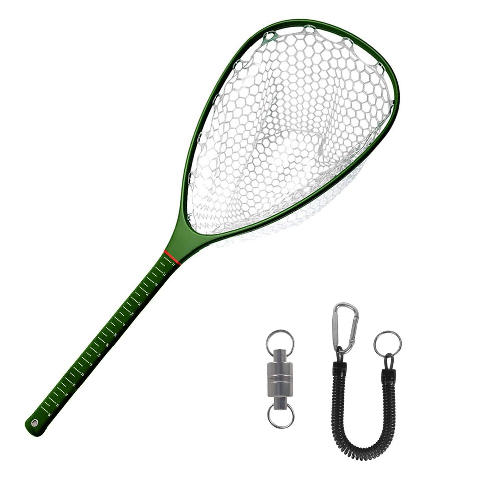 Aventik Fly Floating Fishing Net Carbon Fiber Landing Net Clear Rubber Ghost Net Catch & Release with Magnetic Release(Long Handle Green with Magnetic Release)