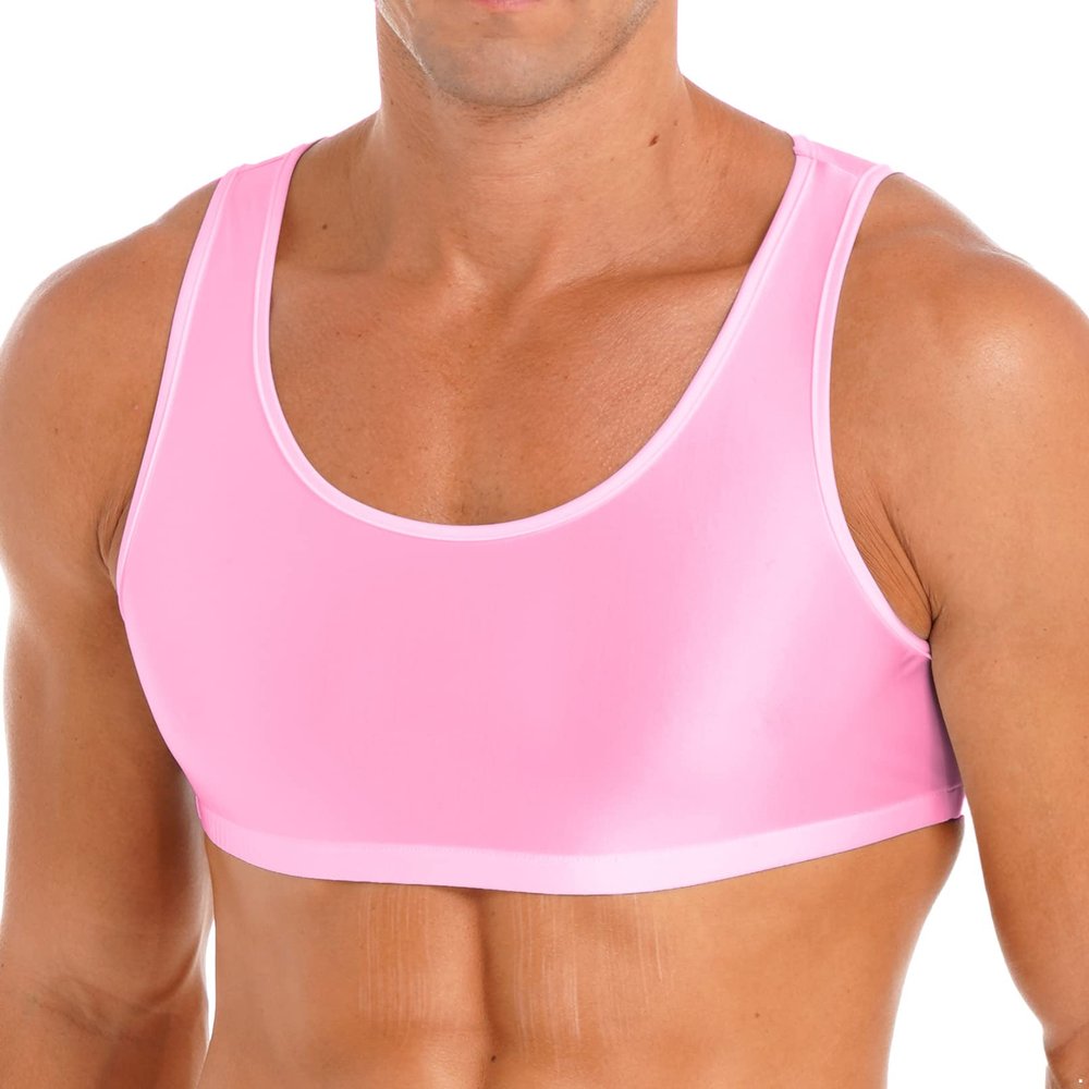 YiZYiF Men's Sleeveless Y Back Muscle Half Tank Top Vest Tee T-Shirts Crop Tops Pink A Medium
