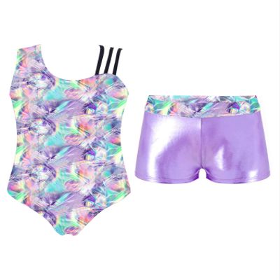 Jhaoyu Girls Kids Ballet Dance Gymnastics Leotards Outfits Sleeveless Printed Bodysuit Unitard with Metallic Shorts Set Bright Shadow Pink 14 Years
