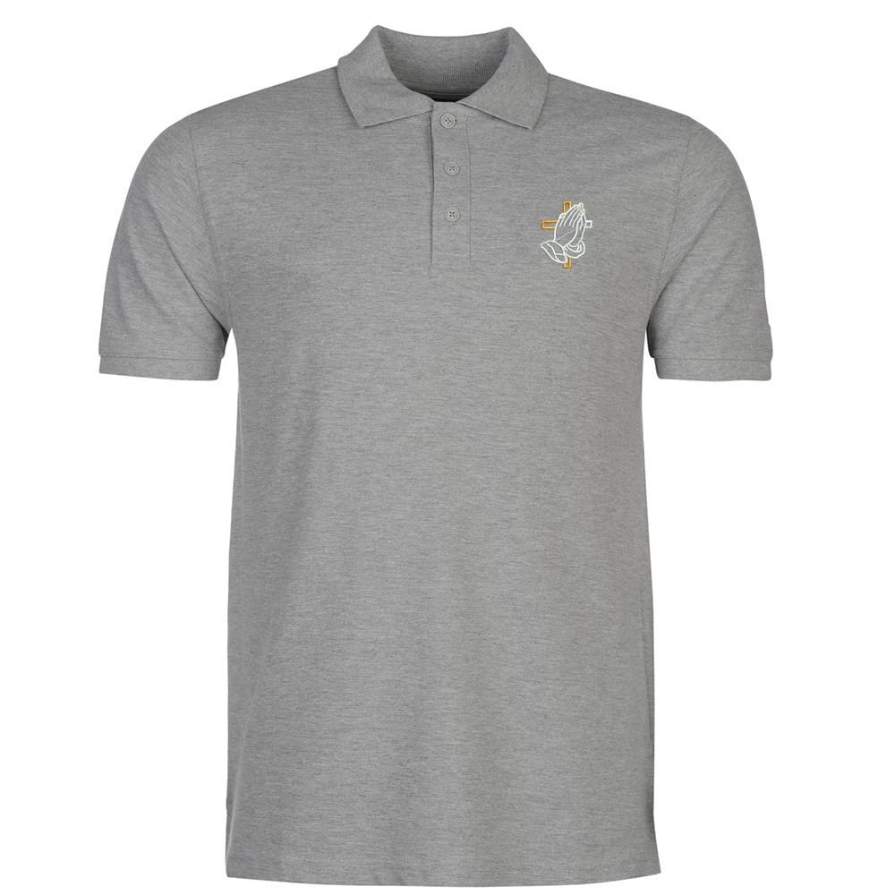 Polo Shirts for Men Praying Hands with Cross Embroidered Short Sleeve Mens Polo Shirts (Grey,XL,X-Large)
