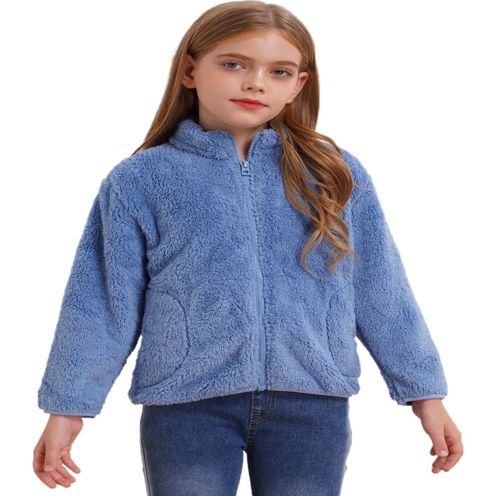 easyforever Boy's Girl's Fleece Sherpa Full Zip Jacket Coat Fall Winter Long Sleeve Sweatshirt Outwear Cardigan Snowsuit Blue 5-6 Years