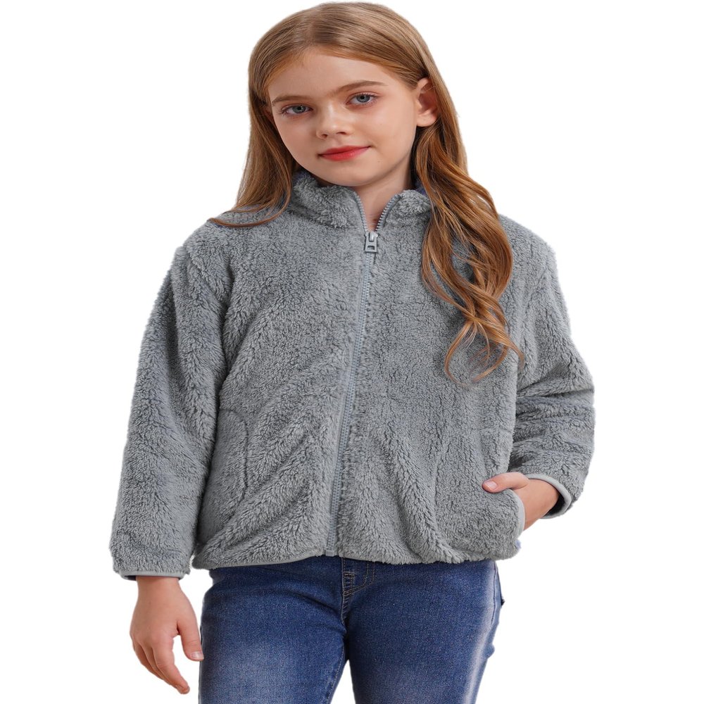 Aislor Boys Girls Warm Fleece Jacket Kids Long Sleeve Sherpa Full Zip Sweatshirt Coat Outwear Winter Cardigan Snowsuit Grey 5-6 Years