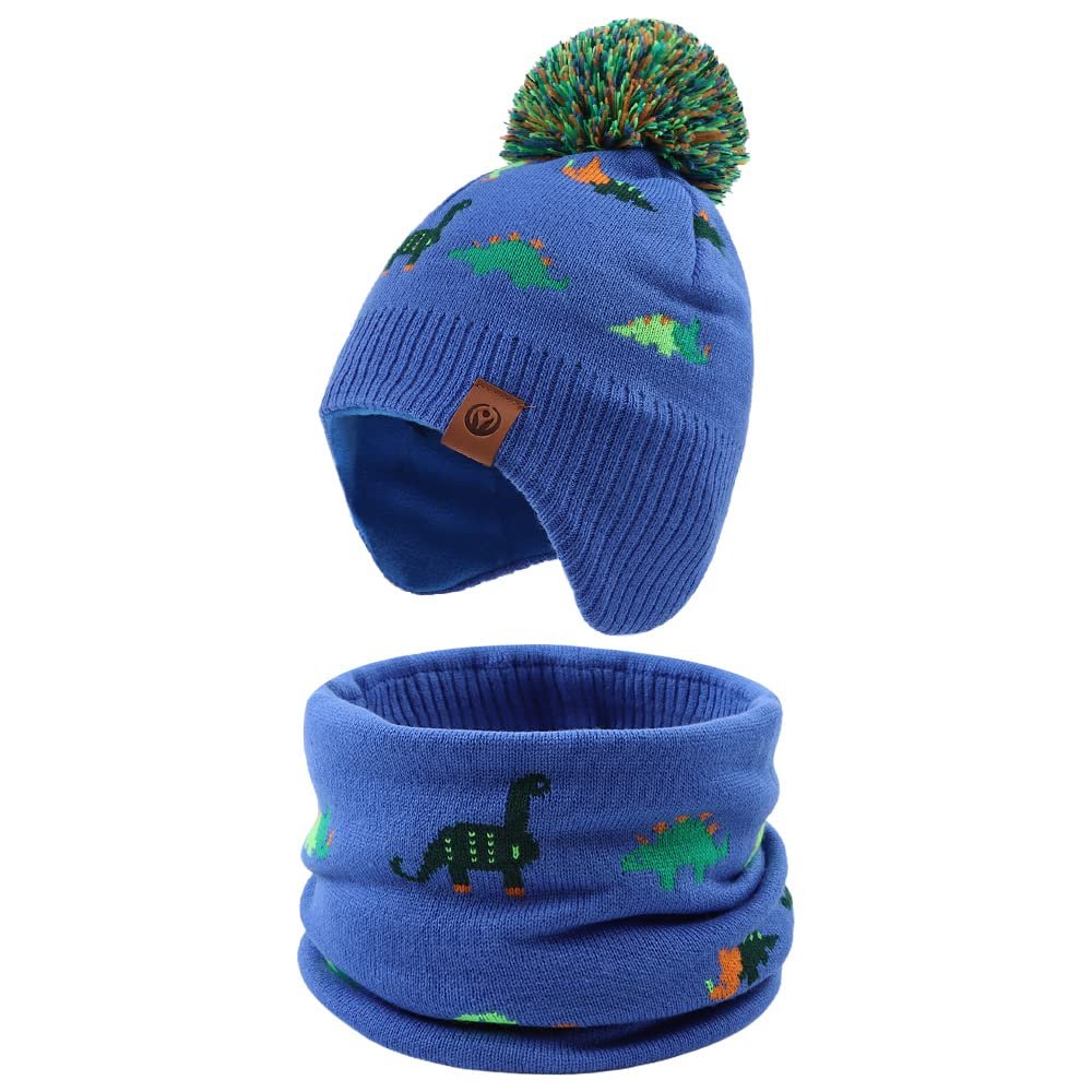 JANGANNSA Knitted Baby Hat Scarf Set Winter Warm Boys Girls Beanie Fleece Lining Toddler Kids Hats with Pompom(Royal Blue Dinosaur (Hat+Scarf),M)
