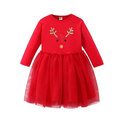 Christmas Dresses for Girls Toddler Dresses Long Sleeve Tulle Dress Kids Tutu Dress Casual Fall Clothing Vestido para Nias Girls Princess Outfit Clothes Children Flower Fall Dress Deer Red 3-4 Y