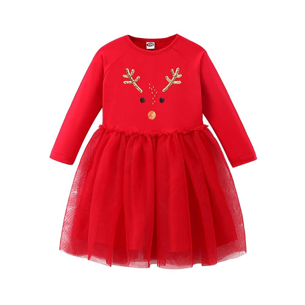 Christmas Dresses for Girls Toddler Dresses Long Sleeve Tulle Dress Kids Tutu Dress Casual Fall Clothing Vestido para Nias Girls Princess Outfit Clothes Children Flower Fall Dress Deer Red 3-4 Y