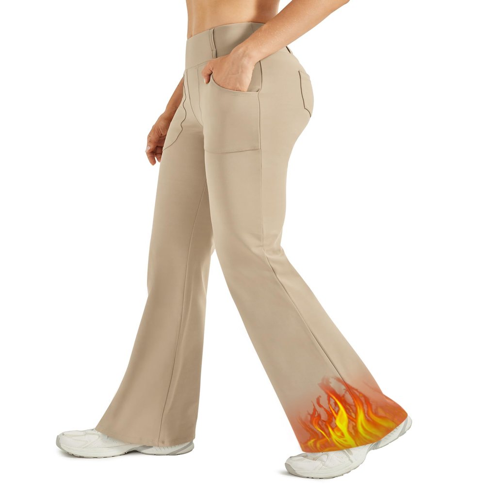 G4Free Fleece Lined Leggings Womnen with Pockets Stretchy Yoga Dress Winter Pants with 4 Pockets Casual Work Trousers(Khaki,XXL,31")