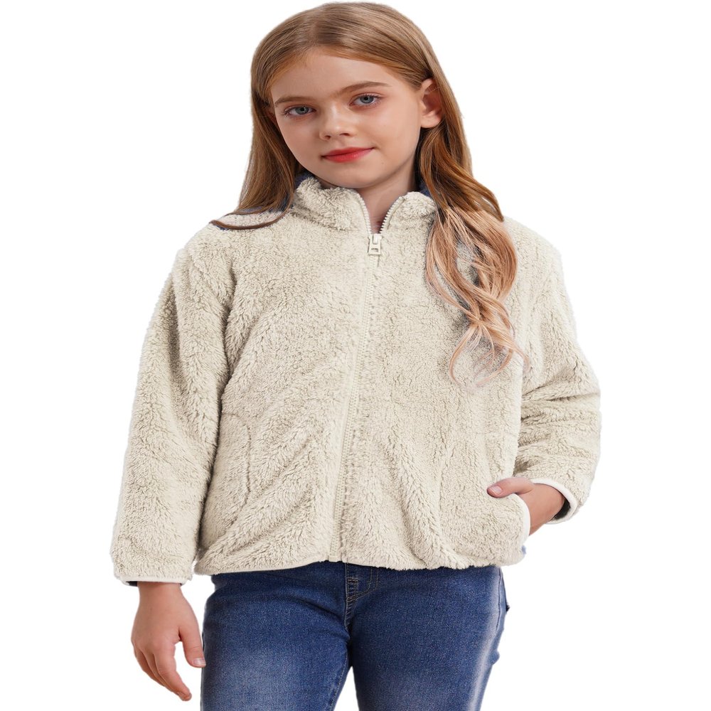 Aislor Boys Girls Warm Fleece Jacket Kids Long Sleeve Sherpa Full Zip Sweatshirt Coat Outwear Winter Cardigan Snowsuit Beige 2-3 Years