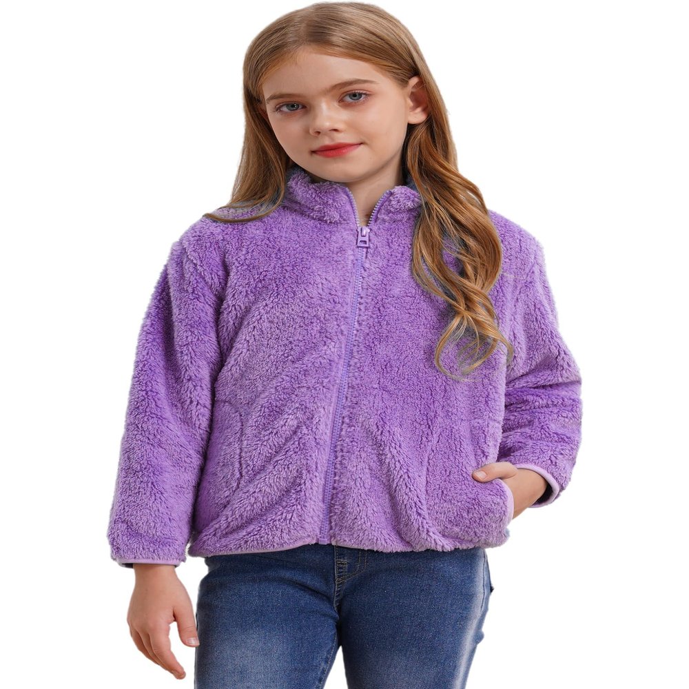 Aislor Boys Girls Warm Fleece Jacket Kids Long Sleeve Sherpa Full Zip Sweatshirt Coat Outwear Winter Cardigan Snowsuit Purple 9-10 Years