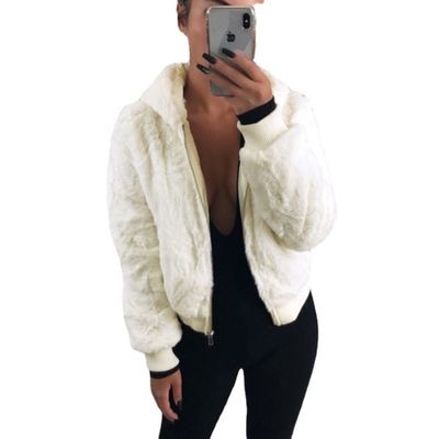 Akivide Women Fashion Long Sleeve Zip Up Short Sherpa Hooded Jacket Cropped Faux Shaggy Fur Jacket with Pockets Fall Winter