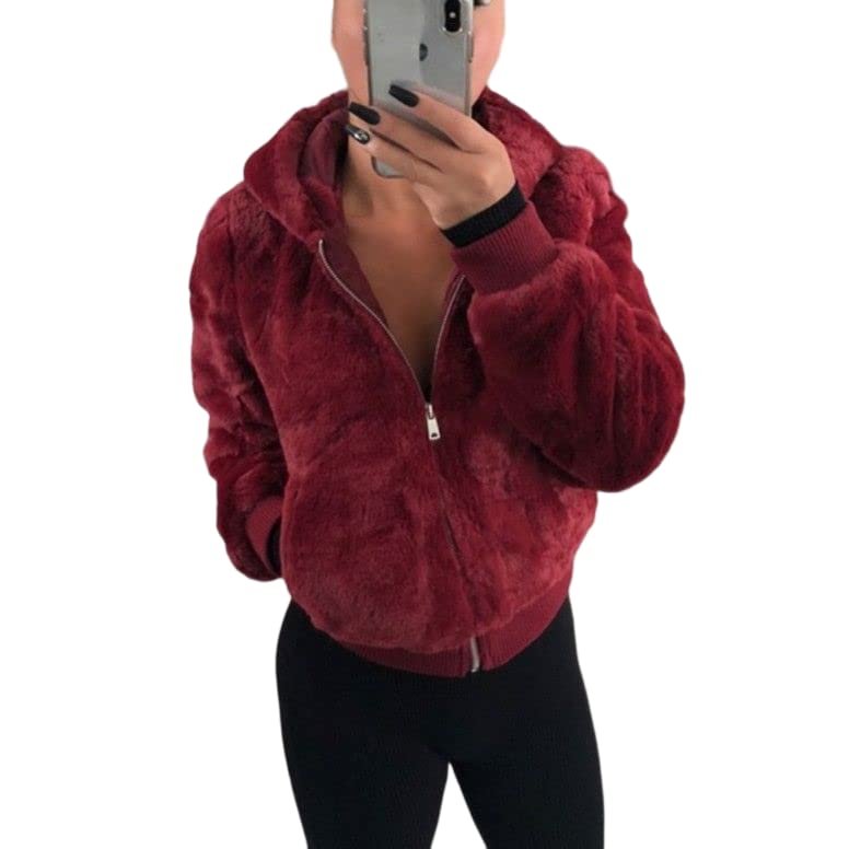 Akivide Women Fashion Long Sleeve Zip Up Short Sherpa Hooded Jacket Cropped Faux Shaggy Fur Jacket with Pockets Fall Winter