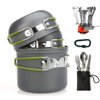 LSOAARRT Camping Cookware Mess Kit, Camping Pot and Pan Set with Mini Backpacking Stove, Spork and Tank Bracket, Cooking Gear for Outdoor, Hiking, Picnic, Campfire (Green)