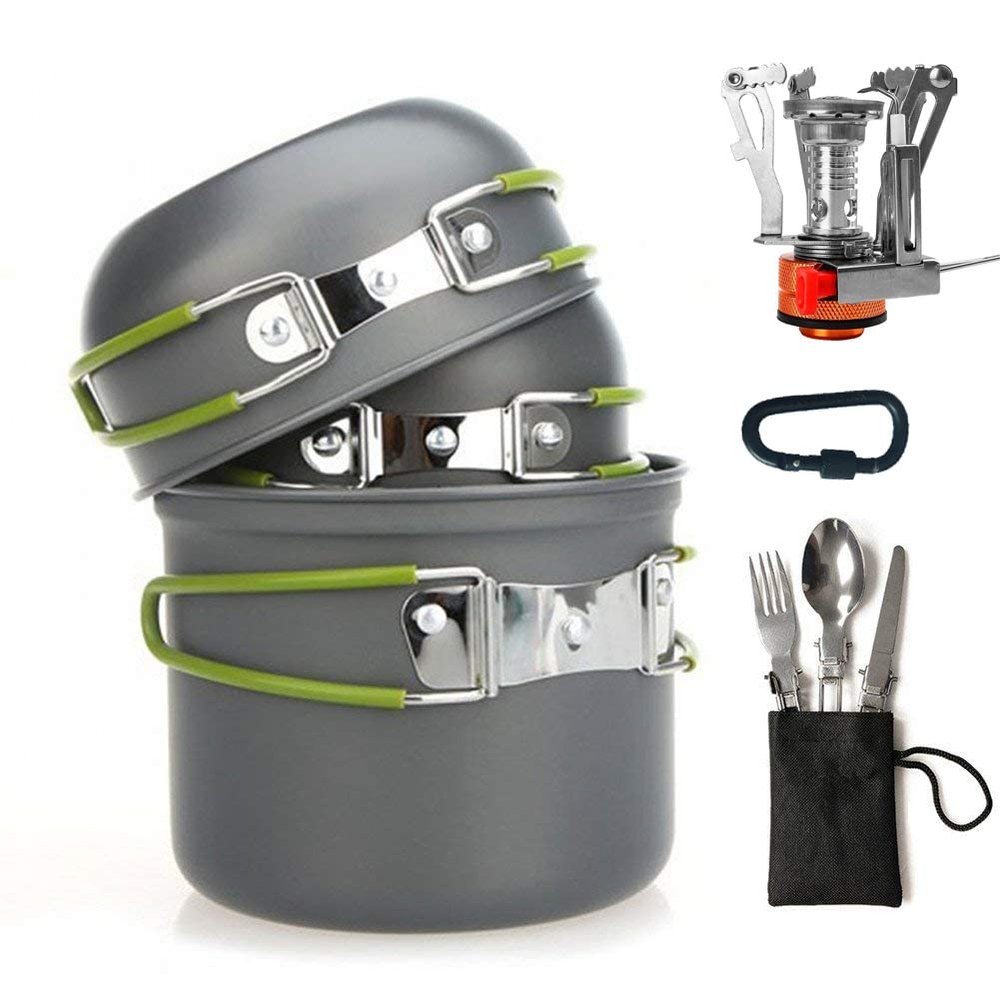 LSOAARRT Camping Cookware Mess Kit, Camping Pot and Pan Set with Mini Backpacking Stove, Spork and Tank Bracket, Cooking Gear for Outdoor, Hiking, Picnic, Campfire (Green)