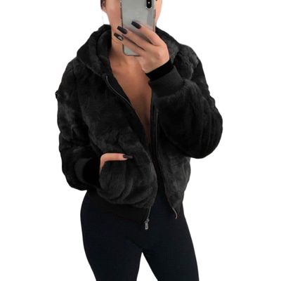Akivide Women Fashion Long Sleeve Zip Up Short Sherpa Hooded Jacket Cropped Faux Shaggy Fur Jacket with Pockets Fall Winter