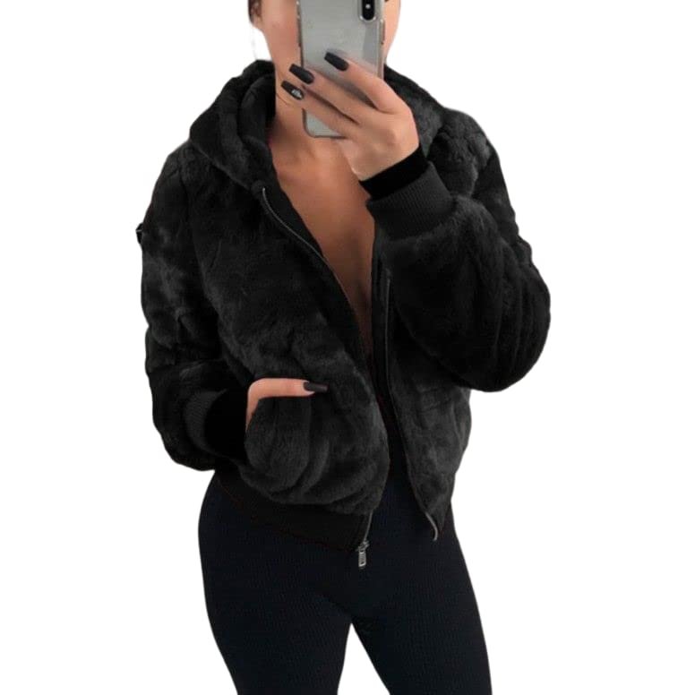 Akivide Women Fashion Long Sleeve Zip Up Short Sherpa Hooded Jacket Cropped Faux Shaggy Fur Jacket with Pockets Fall Winter