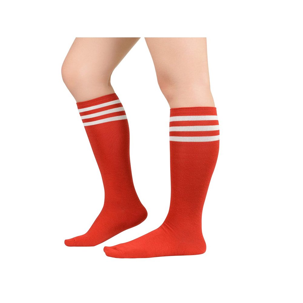Century Star Red Knee High Socks for Woman- Long Thin Red Soccer Socks with Three White Stripes