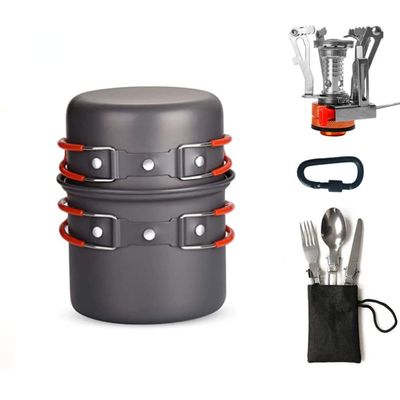 LSOAARRT Camping Cookware Mess Kit, Camping Pot and Pan Set with Mini Backpacking Stove, Spork and Tank Bracket, Cooking Gear for Outdoor, Hiking, Picnic, Campfire (Orange)