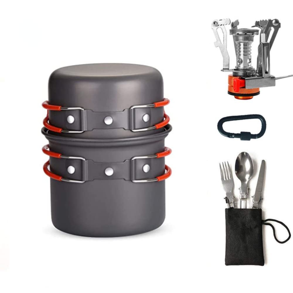 LSOAARRT Camping Cookware Mess Kit, Camping Pot and Pan Set with Mini Backpacking Stove, Spork and Tank Bracket, Cooking Gear for Outdoor, Hiking, Picnic, Campfire (Orange)