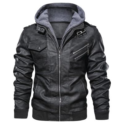 Men Vintage Faux Leather Jacket Stand Collar PU Leather Motorcycle Jacket Casual Bomber Hoodie with Removable Hood (Black,Small)