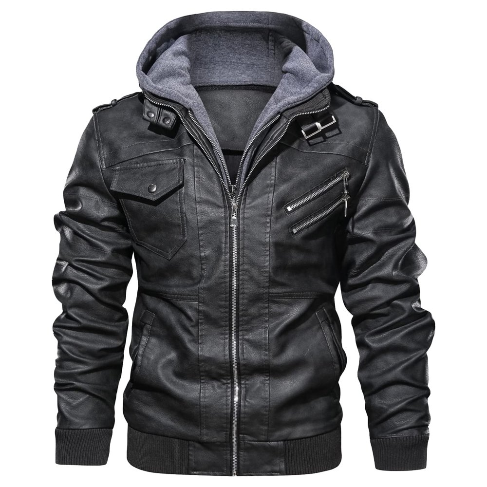 Men Vintage Faux Leather Jacket Stand Collar PU Leather Motorcycle Jacket Casual Bomber Hoodie with Removable Hood (Black,Small)