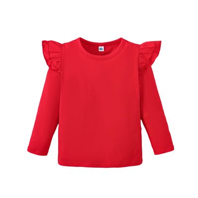 Toddler Baby Girls Long Sleeve Ruffle T Shirt Kids Casual Plain Solid Top Blouse T-Shirt Undershirt (Red,12-18 Months)