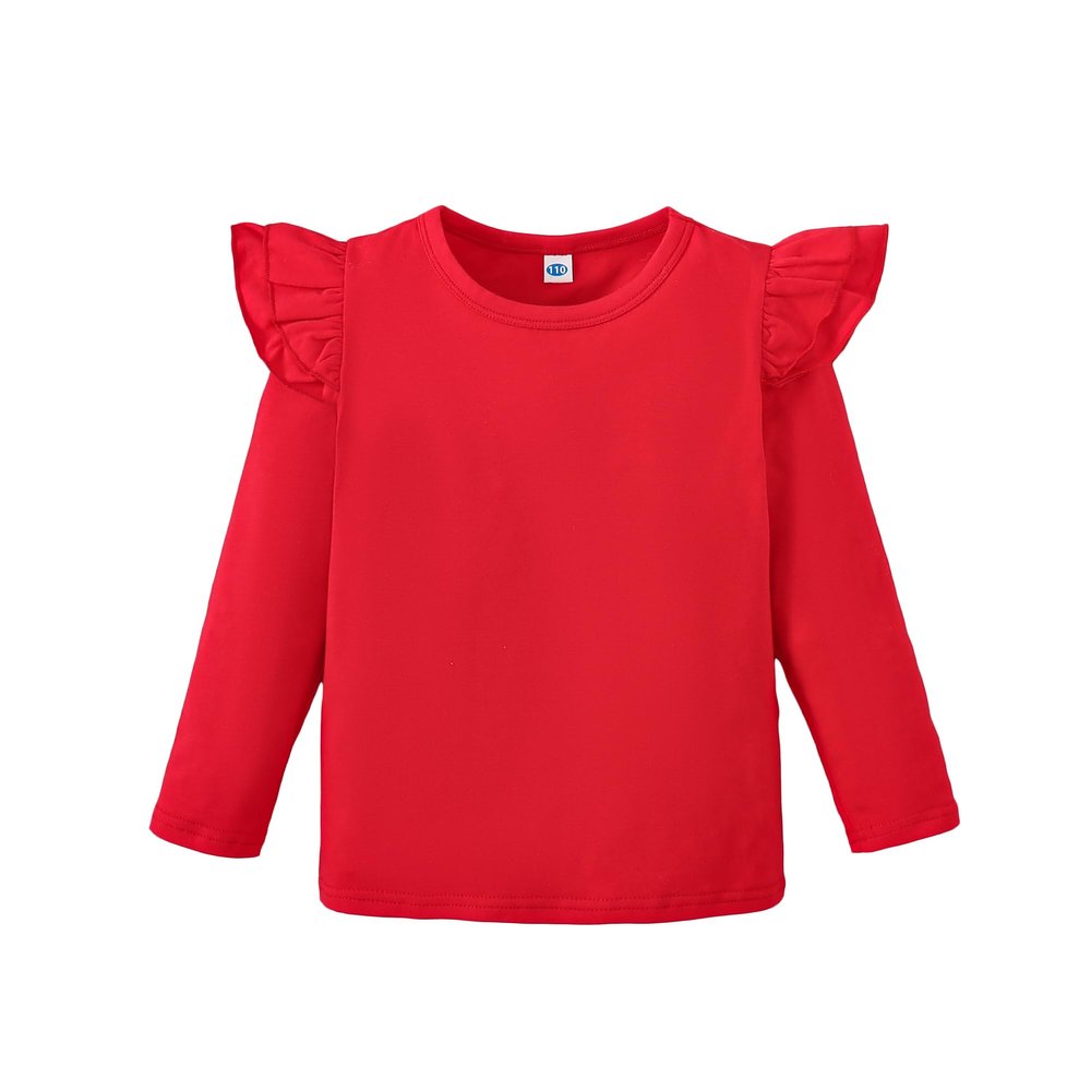 Toddler Baby Girls Long Sleeve Ruffle T Shirt Kids Casual Plain Solid Top Blouse T-Shirt Undershirt (Red,12-18 Months)