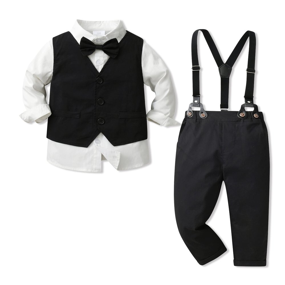 ALINTU Boys Dress Clothes, Long Sleeve Dress Shirt + Vest + Suspender Pants Set, Gentleman Outfits for Boys, Black, 6-7 Years = Tag 140
