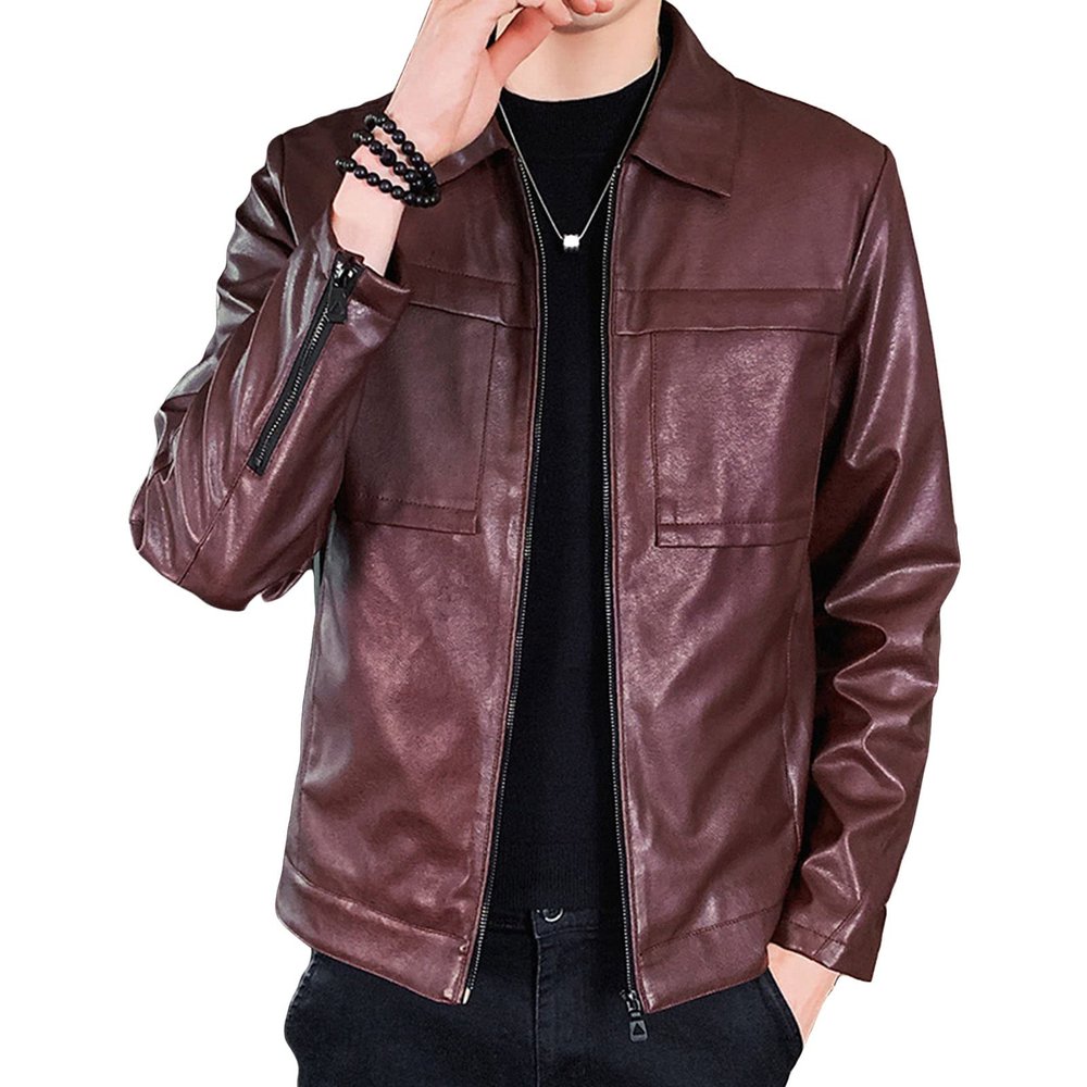 Men's Faux Leather Lambskin Biker Jacket Lightweight Vintage Motorcycle Outwear Classic PU Leather Jackets (Red Wine,4X-Large)