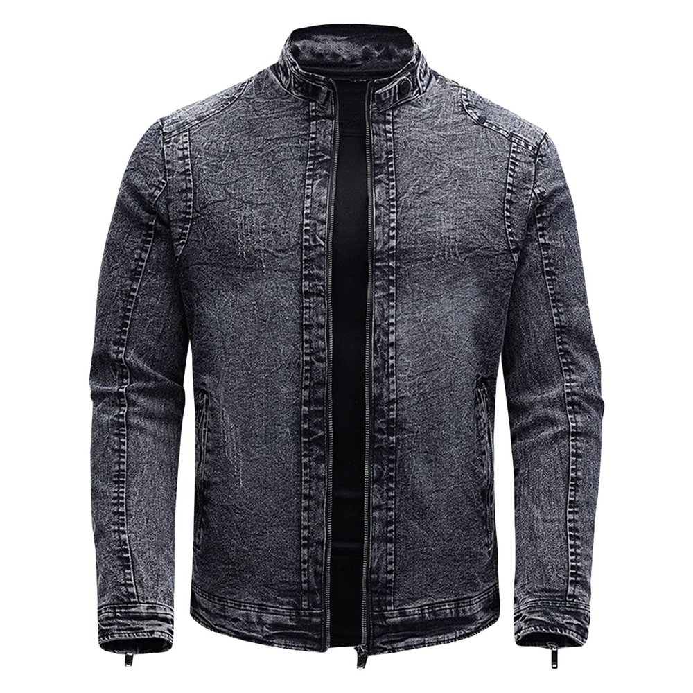 Maiyifu-GJ Men's Fleece Lined Denim Jacket Winter Stand Collar Distressed Jean Jacket Slim Fit Zipper Warm Moto Trucker Coat (Black,Medium)