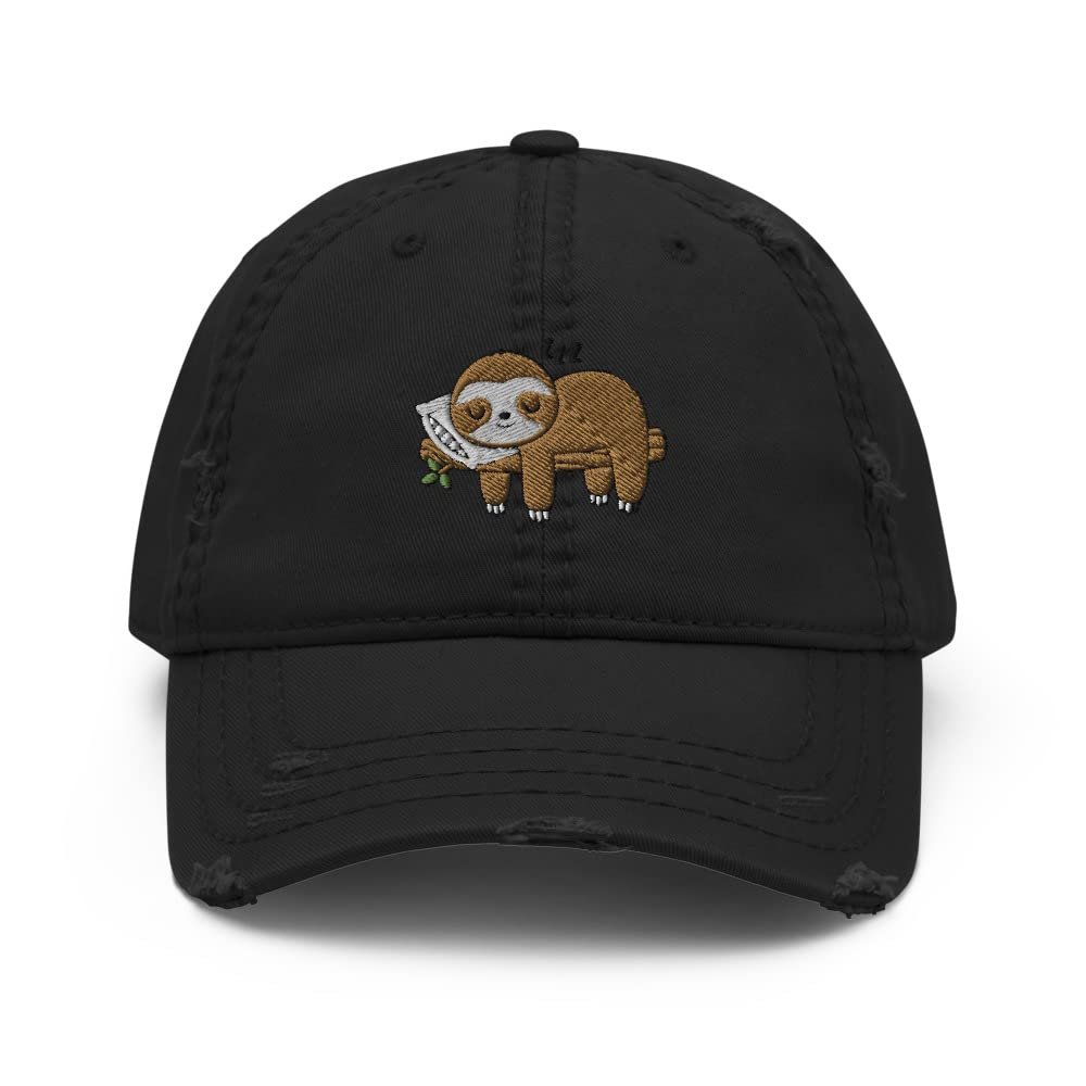 Sloth hat, Funny Sloth Gifts, Sloth Hats for Adults, Women and Men, Embroidered Unisex Distressed hat Black