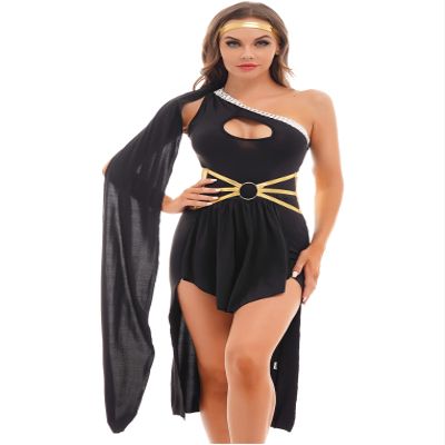 Hansber Women's One Shoulder Greek Costume Grecian Roman Toga Halloween Costumes Black X-Large