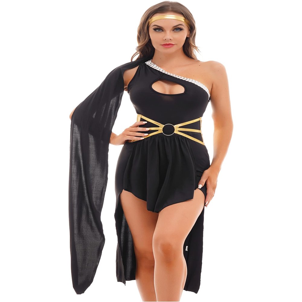 Hansber Women's One Shoulder Greek Costume Grecian Roman Toga Halloween Costumes Black X-Large