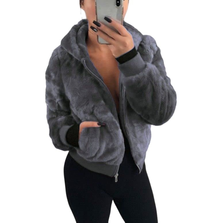 Akivide Women Fashion Long Sleeve Zip Up Short Sherpa Hooded Jacket Cropped Faux Shaggy Fur Jacket with Pockets Fall Winter