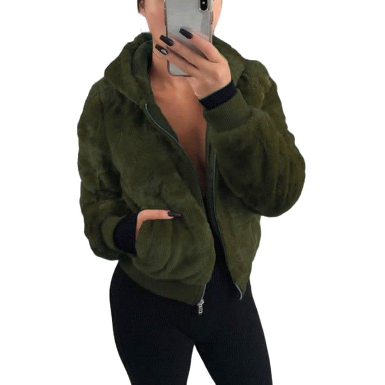 Akivide Women Fashion Long Sleeve Zip Up Short Sherpa Hooded Jacket Cropped Faux Shaggy Fur Jacket with Pockets Fall Winter