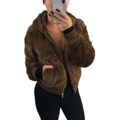 Akivide Women Fashion Long Sleeve Zip Up Short Sherpa Hooded Jacket Cropped Faux Shaggy Fur Jacket with Pockets Fall Winter