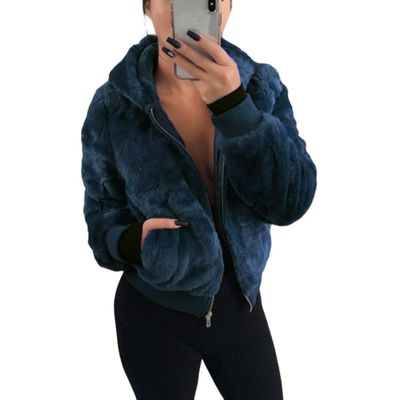 Akivide Women Fashion Long Sleeve Zip Up Short Sherpa Hooded Jacket Cropped Faux Shaggy Fur Jacket with Pockets Fall Winter