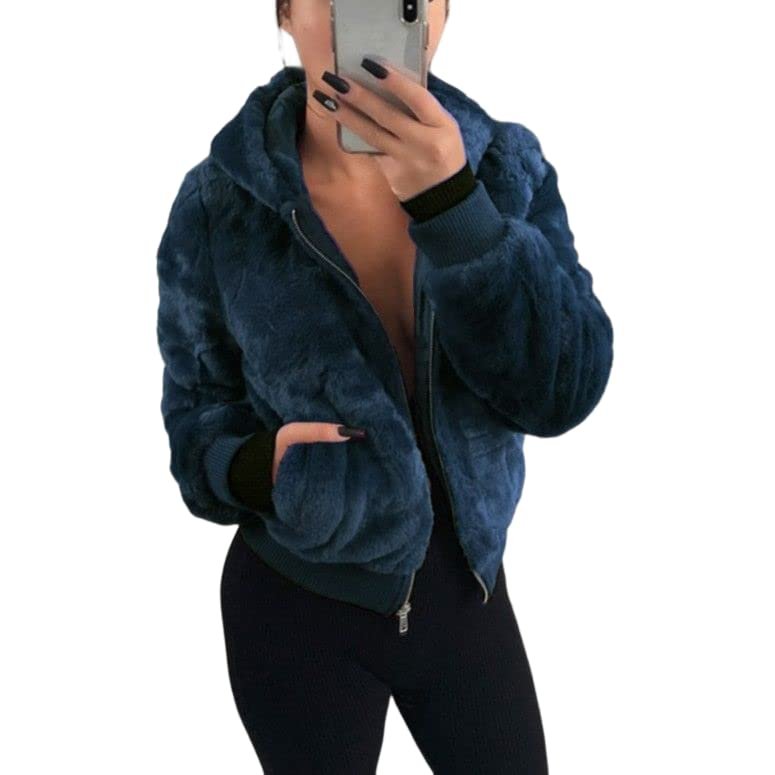 Akivide Women Fashion Long Sleeve Zip Up Short Sherpa Hooded Jacket Cropped Faux Shaggy Fur Jacket with Pockets Fall Winter