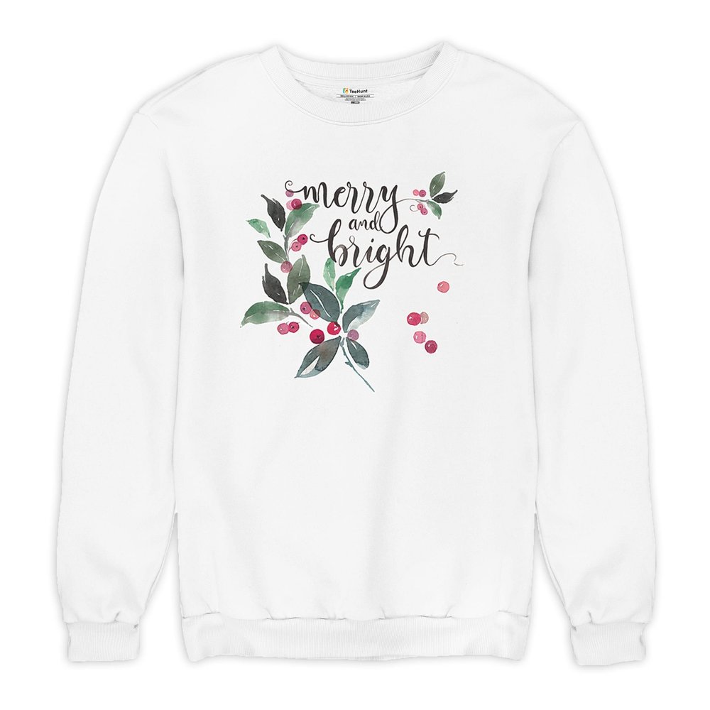 Tee Hunt Merry and Bright Cute Christmas Sweatshirt Jolly Santa Xmas Crewneck White Small