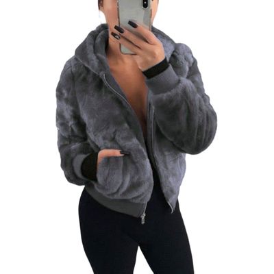 Akivide Women Fashion Long Sleeve Zip Up Short Sherpa Hooded Jacket Cropped Faux Shaggy Fur Jacket with Pockets Fall Winter