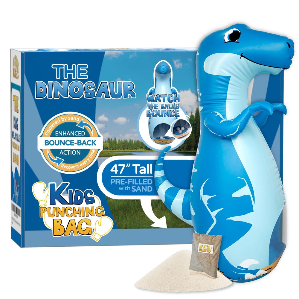 INFLATABLE DUDES Dinosaur Toy 47 Inches - Kids Punching Bag | Already Filled with Sand| Bop Bag | Blue Velociraptor| Punching Bag for Kids | Dinosaur Birthday Decorations | 3 White Balls Inside- (Vee)