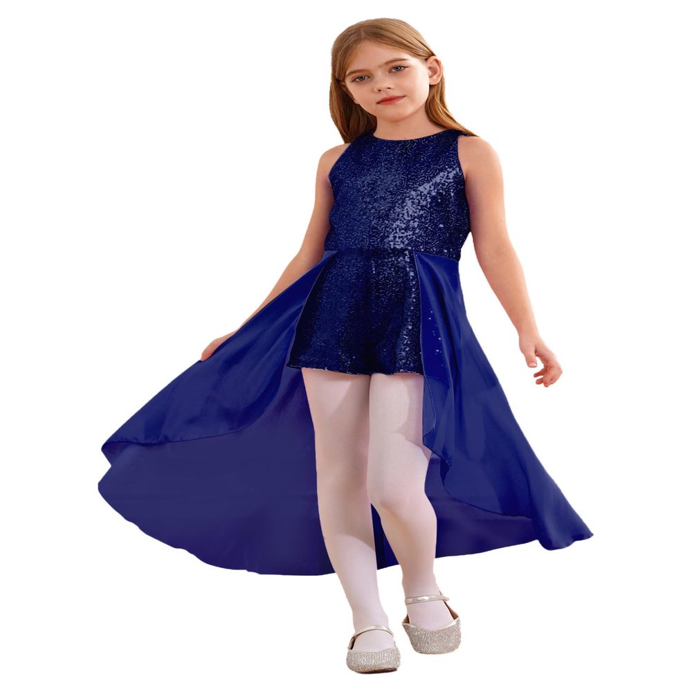 RUNQHUI Kids Girls Sparkly Sequin Jumpsuit Party Dress Round Neck Sleeveless Romper Gown Evening Dress Navy Blue 14 Years