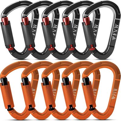 FVW 10 Pack Heavy Duty Climbing Carabiners, 25KN UIAA Certified Auto Locking Climbing Clips for Hammocks, Swing, Locking Dog Leash and Harness, Camping, Hiking & Utility (Black*5&Orange*5)