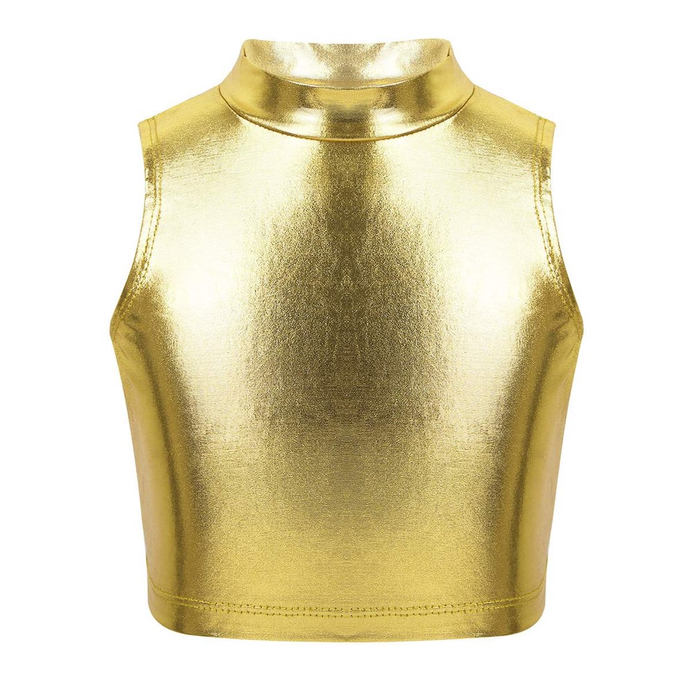 Nikiikoo Kids Girls Shiny Metallic Mock Neck Crop Tank Tops Dance Shirts Gym Sports Active Vest Activewear Gold 10 Years