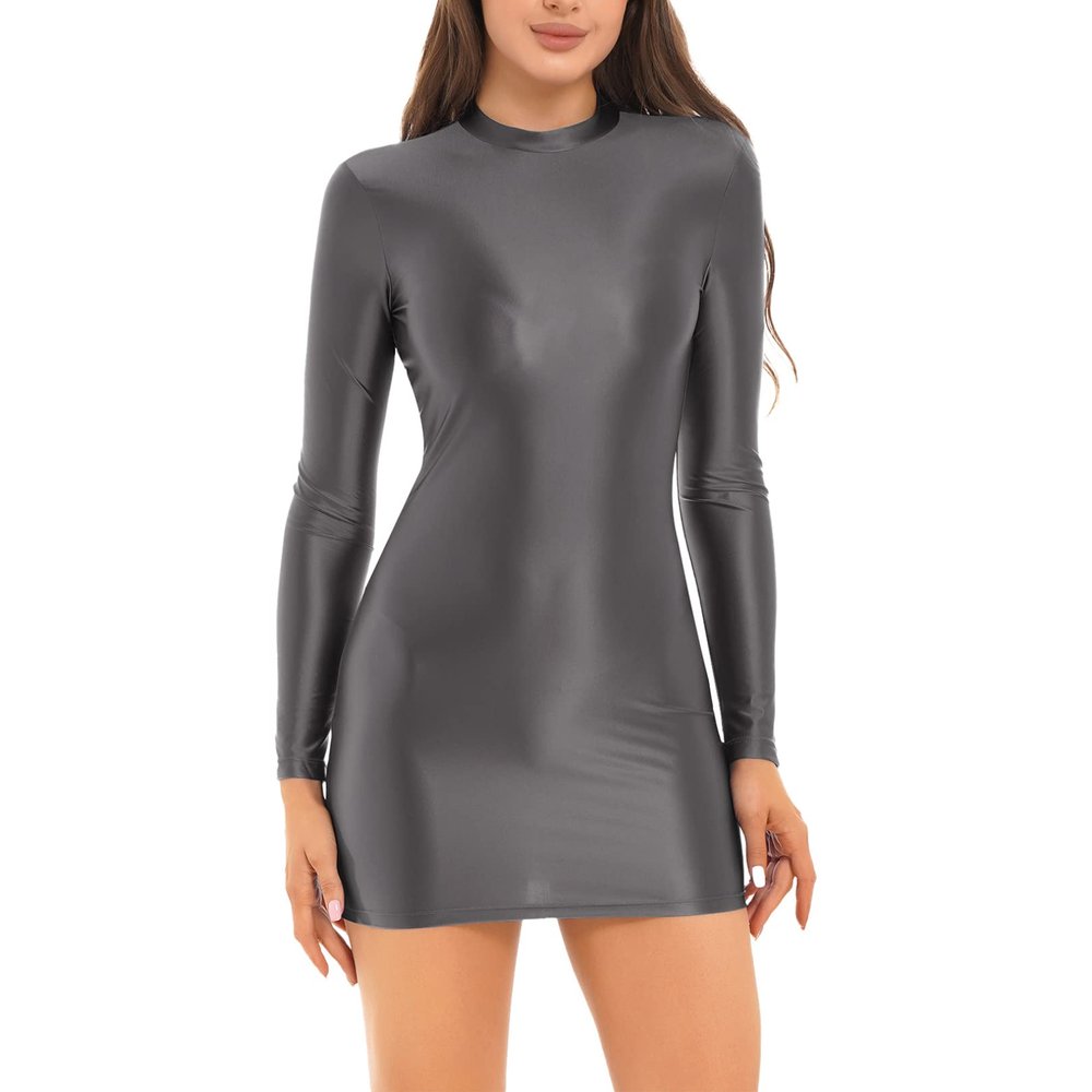 easyforever Women's Sexy Oil Glossy Micro Mini Dress Transparent Tight Pencil Bodycon Smooth Dress Dark_Gray Medium