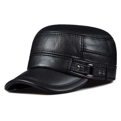 Male Earmuffs Genuine Leather Flat Army Hats for Men Winter Ear Head Warm Leisure Fishing Baseball Caps (Color : Black, Hat Size : XL(57cm58cm))