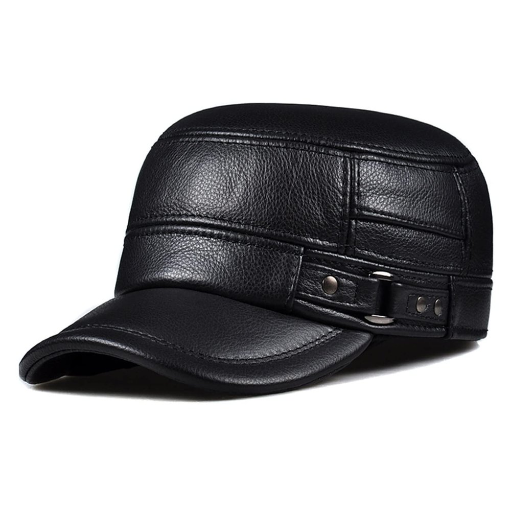 Male Earmuffs Genuine Leather Flat Army Hats for Men Winter Ear Head Warm Leisure Fishing Baseball Caps (Color : Black, Hat Size : XL(57cm58cm))