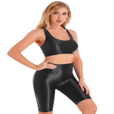 Alvivi Women's Sleeveless Yoga Suit 2Piece Glossy Stretchy Swimsuits Athletic Tank Shorts Outfits Black X-Large