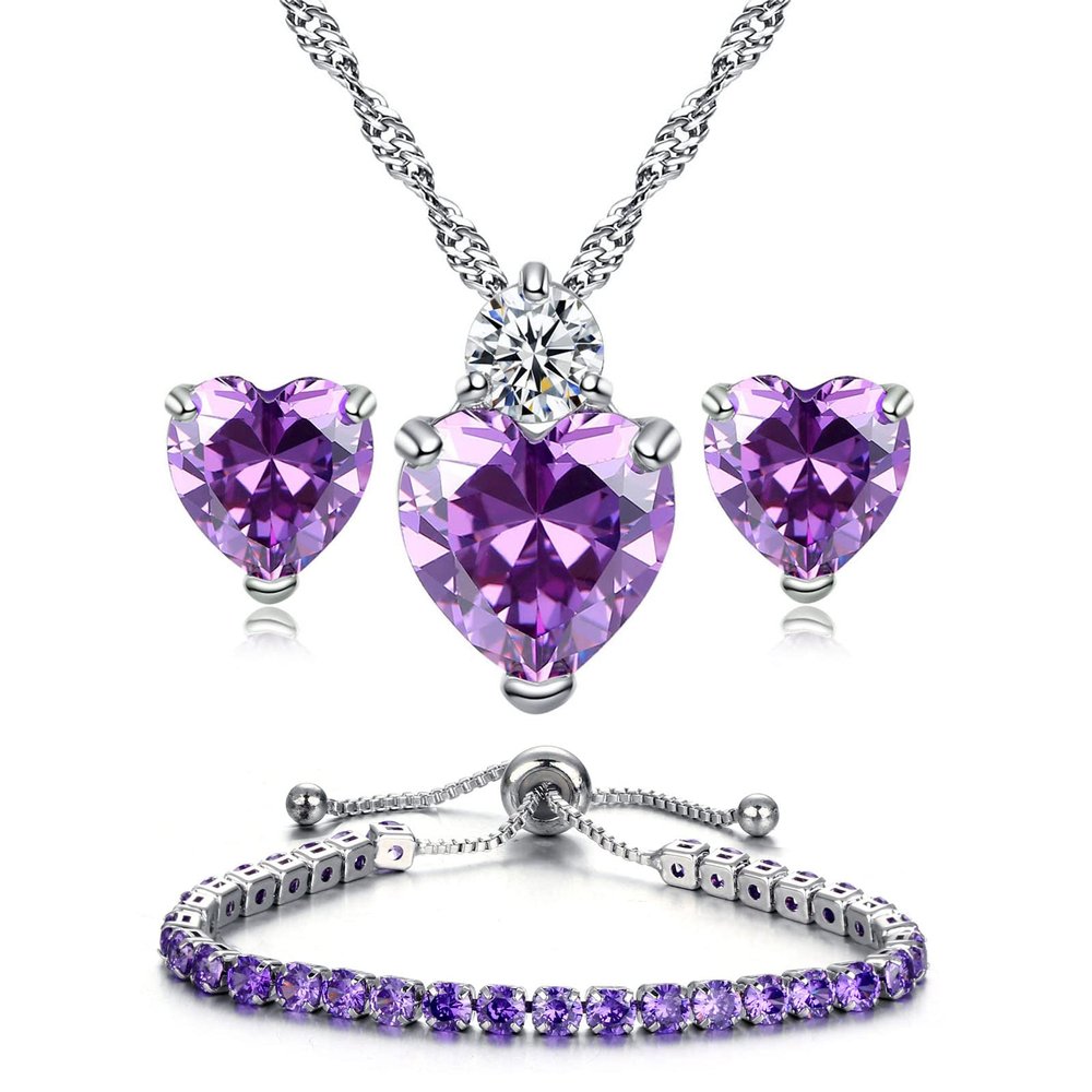kai bao city heart Necklace and Stud Earrings Bangle Set Simulated gemstone Crystal Silver Fashion Adjustable Jewelry for Women Party Prom Engagement Wedding Gifts (purple)