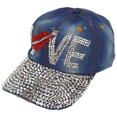 Forest & Twelfth Fashion Bling Baseball Cap Hat, Embellished with Crystal Rhinestones, Faux Gemstones, Embroidery (Love Lips)