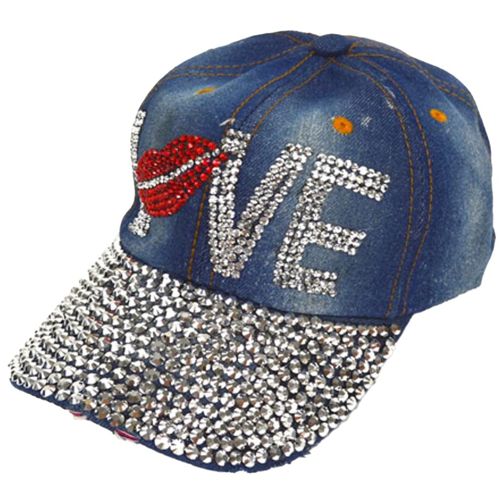 Forest & Twelfth Fashion Bling Baseball Cap Hat, Embellished with Crystal Rhinestones, Faux Gemstones, Embroidery (Love Lips)